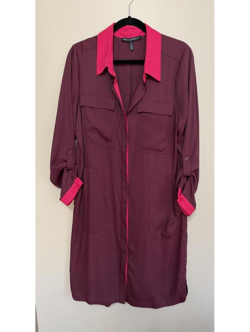 White House Black Market Utility Shirt Dress Burgundy Pink Trim L